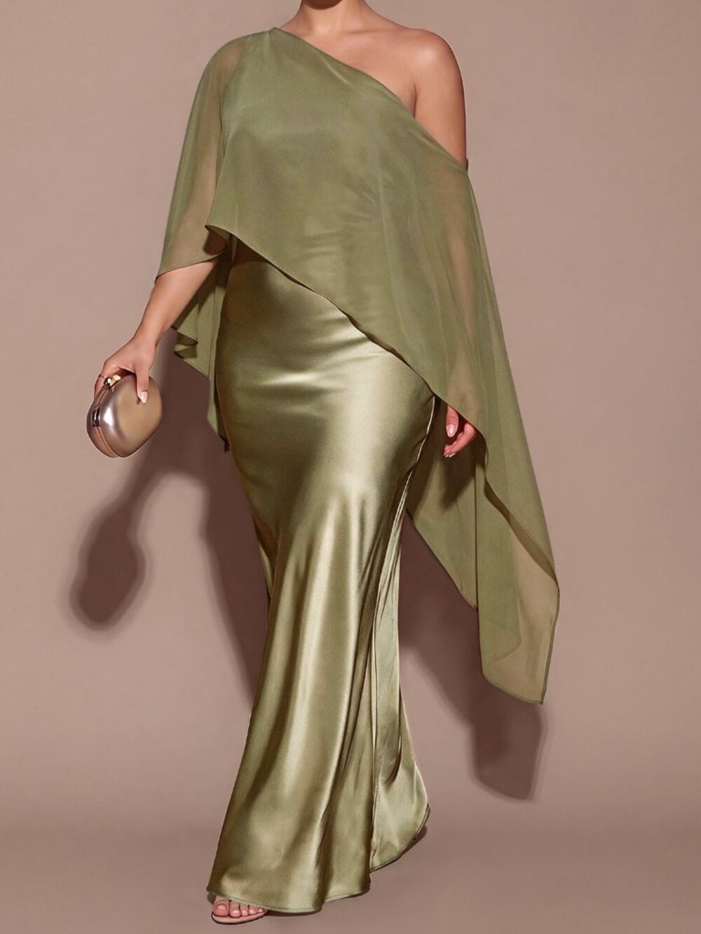 Green Chic Women's Satin Asymmetrical Neck Wrap Maxi Dress